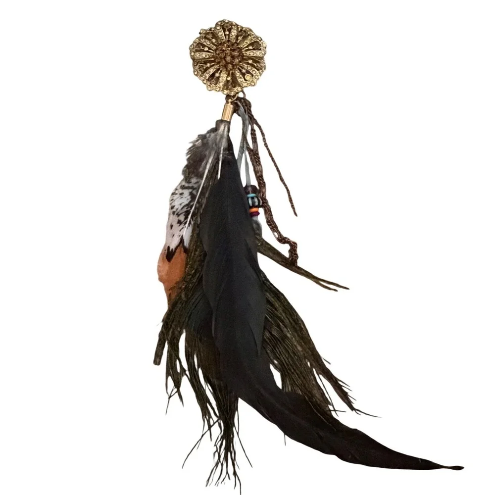 Boho Peacock Rhinestone Feather‎ Brooch Pin Gold Tone Multicolor Festival Party